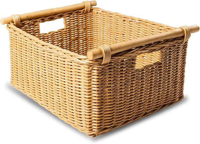 The Basket Lady Pole Handle Wicker Storage Basket, Large, 18 in L x 14.5 in W x 9 in H, Sandstone