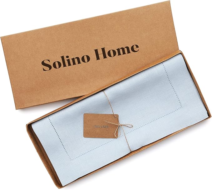Solino Home Linen Light Blue Table Runner 108 Inches Long - 100% Pure Linen 14 x 108 Inch Table Runner for Winter, Christmas, New Year - Classic Hemstitch
