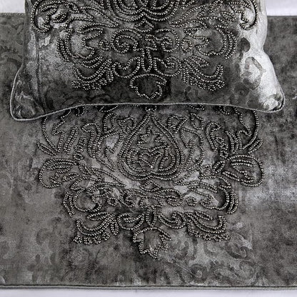 HomeCentric Designer Handmade Bed Runner and Throw Pillow Cover, 74 x 18 Inch Damask Foil Velvet and Embroidery Bed Linen