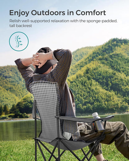 SONGMICS Folding Camping Chair, with Comfortable Sponge Seat, Cup Holder, Heavy Duty Structure, Max Load Capacity 551 lb, Outdoor Picnic Chair, Gray and Black UGCB006G01