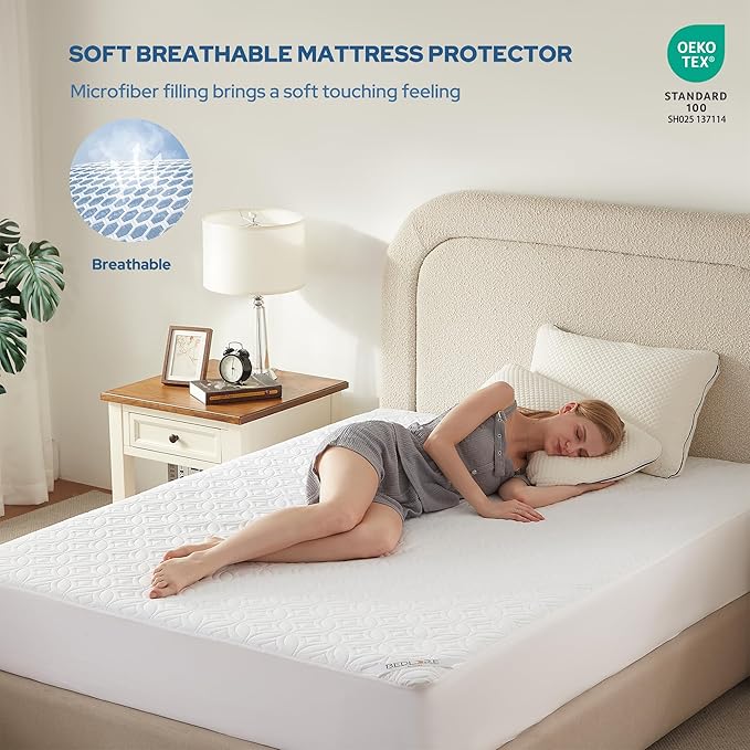 BEDLORE Waterproof Mattress Protector, Queen Size Noiseless Mattress Pad with Deep Pocket 6"-18" Depth, Soft Breathable Bed Mattress Cover Washable for Home, Bedroom, Hotel (White)