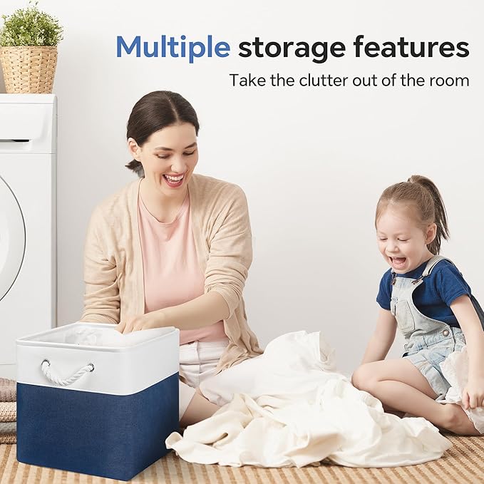 13x13 Inch Cube Storage Bins with Reinforced Bottom Cardboard, 6 Pack Large Collapsible Fabric Storage Cubes with Handles for Shelf, Closet, Toy, Laundry Organization (White&Navy Blue)
