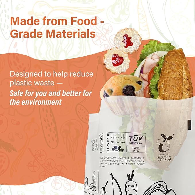 Compostable Food Storage Bags, Resealable Sandwich Bags, 100 Count, 6.7 x 6.8 inches, Extra Thick and Reusable, Eco-Friendly, Certified US BPI ASTM D6400 Europe OK Compost