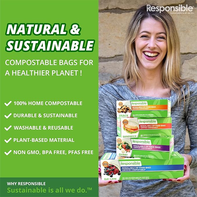 Certified Compostable Large GALLON Resealable Zip Bag, Extra Strength Food Bags, Made from Plant Materials (64 Pack)