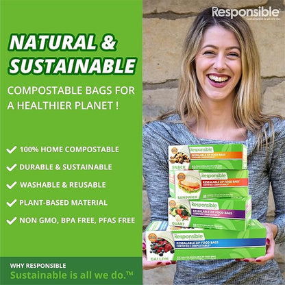 Responsible Products Certified Compostable QUART Resealable Zip Bag, Extra Strength Food Bags, Plant-Based Freezer-Safe (26 Pack)
