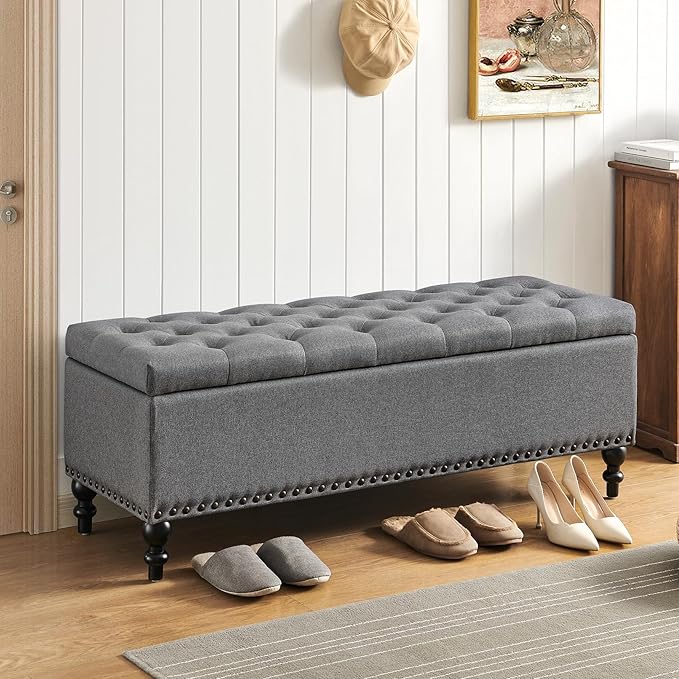 Storage Ottoman 50.2 Inches Upholstered Fabric Storage Ottoman Bench，Button Tufted Ottoman with Storage for Living Room，Bedroom End of Bed Bench Withstands 304lbs
