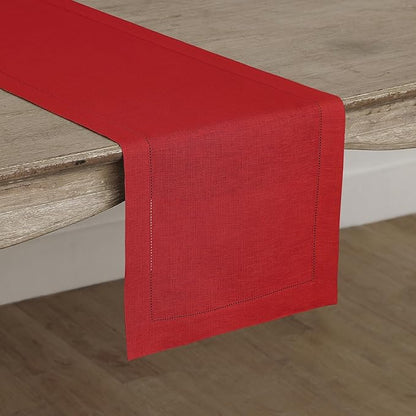 Solino Home Linen Red Table Runner 108 Inches Long - 100% Pure Linen 14 x 108 Inch Table Runner for Christmas, Holiday, Winter, New Year - Classic Hemstitch