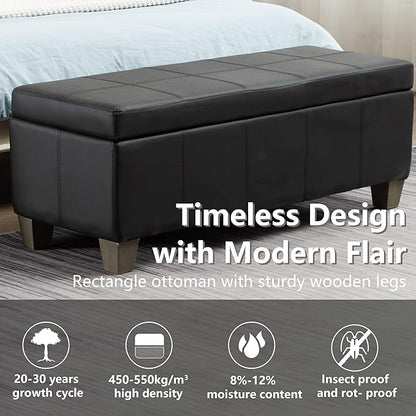 Black Faux Leather Ottoman with Storage, Rectangular Extra Long Storage Bench for Bedroom and Living Room