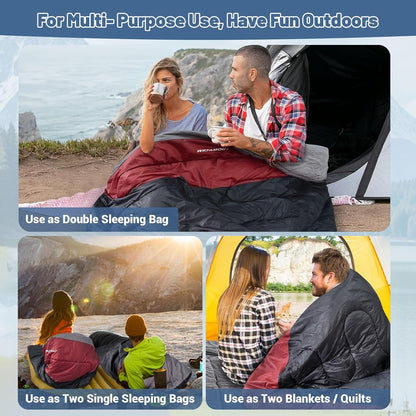 Double Sleeping Bag for Adults Machine Washable 2 Person Camping Sleeping Bag Queen Size Waterproof with Compression Sack for Cold Weather 3-4 Seasons