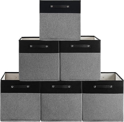13 x 13 Inch Fine Linen Storage Bins with Handles，Fabric Cube Boxs，Collapsible Basket Organizers for Shelves for Home, Closet Drawers (Black/Gray-6 Pack)