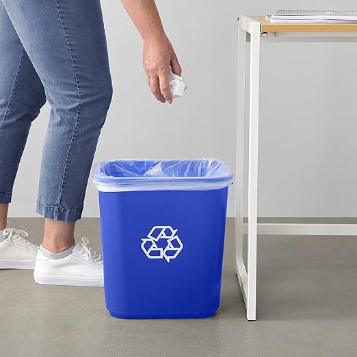 Amazon Basics Rectangular Commercial Office Wastebasket, w/Recycle Logo, 7 gallon (Pack of 2), Blue (Previously AmazonCommercial brand)