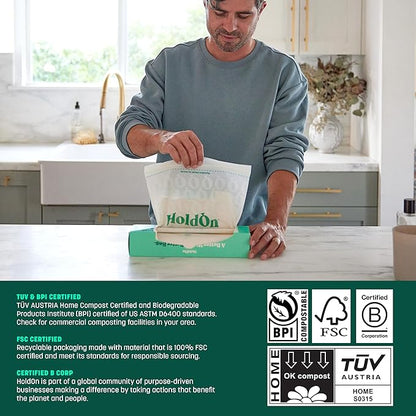 HoldOn HoldOn Zipseal Gallon Bags - Compostable, PFOA-Free, BPA-Free, Food-Safe Zip Seal Food Storage Bags/Freezer-Safe Gallon Bags With Secure Seal for Home & Travel (2-pack, 50 bags total)