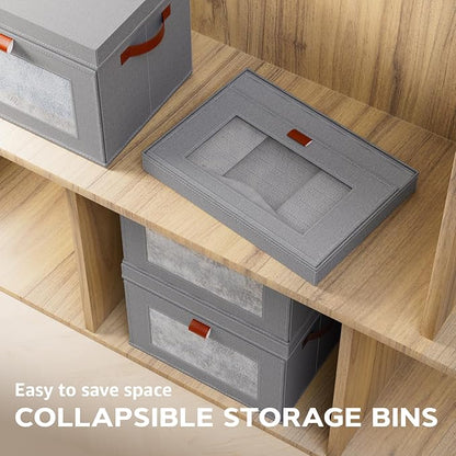 Large Storage Bins with Lids,Stackable&Collapsible Closet Storage Bins,Oxford Fabric Organizer Box with Clear Window,Large Decorative Storage Boxes for Shelves,Wardrobe,Living Room,Dorm(Grey)