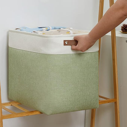 DULLEMELO Large Storage Basket 17"x12"x15", Fabric Storage Organizer Basket for Storage Clothes, Large Fabric Bin for Organizing Book, Storage Bin with Handles for Storage Toy (White&Green)