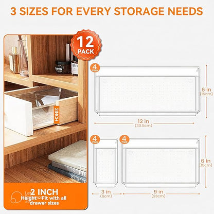 12-Pack Clear Plastic Drawer Organizer Trays – Multi-Use Acrylic Storage Bins for Kitchen, Bathroom, Makeup, Office, School & Undergarments – Perfect for Dorm, Apartment & Home Organization