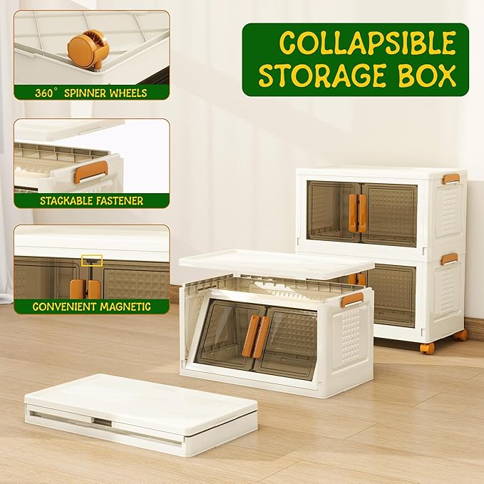 2 Tier Stackable Plastic Storage Bins with 1 Lid 45 QT/Tier, Collapsible Plastic Box Storage Bin with Wheels, Home Containers Boxes Closet Organizers for Living Room, Office, Dorm
