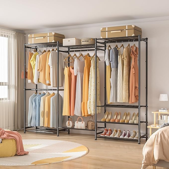 Wardrobe Closet Heavy Duty Clothes Rack, Portable Closet Organizer System with 4 Hang Rods & 8 Shelves, Metal Clothing Rack Garment Rack for Hanging Clothes, Max Load 890 LBS