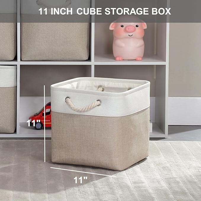 Mangata Canvas Storage Boxes, 11 Inch Cube Storage Bins Set of 6, Fabric Baskets with Cotton Rope Handle for Organizing Clothes Nursery Home (Khaki/White)
