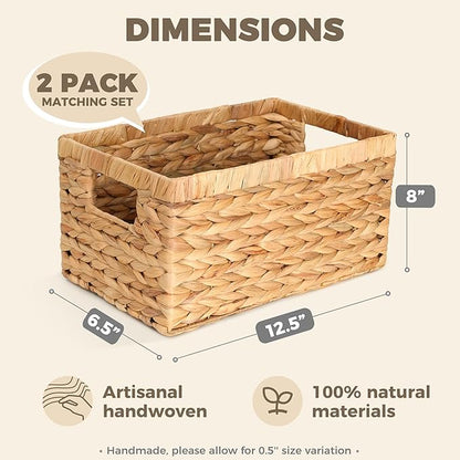 Set of 2 Wicker Shelf Storage Baskets for Organizing - Natural Durable Water Hyacinth Woven Basket Pantry Bin Organizers for Shelves with Handles for Home & Decor Organization, 12.5” x 8” x 6.5”