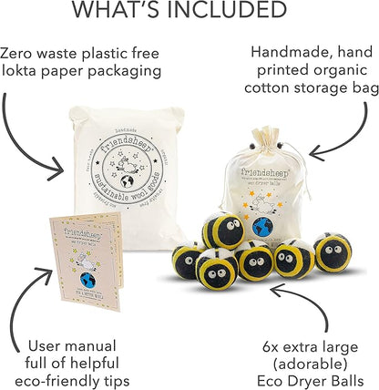 Friendsheep Wool Dryer Balls 6 Pack XL Organic Premium Reusable Cruelty Free Handmade Fair Trade No Lint Fabric Softener Honey Bee Bumblebee - Busy Bees