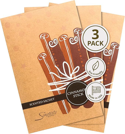 Simplicity Scents Cinnamon Sticks Scented Sachets Pack of 3, Fall & Winter - Long-Lasting Scented Bags, Home Fragrance, Air Freshener & Deodorizer for Closet, Room, Drawer, or Cars, Made in The USA