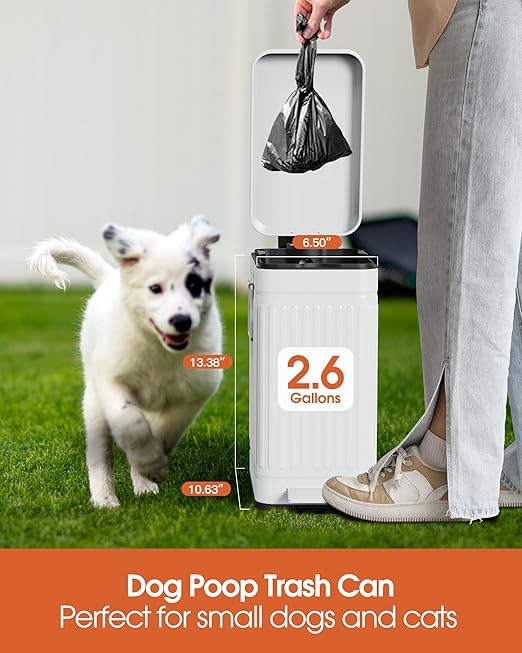 Small Trash Can with Lid Soft Close-10L/2.6 Gal Stainless Steel Outdoor Dog Poop Garbage Can-Metal Waste Bins with Pedal for Bathroom Bedroom Office-White