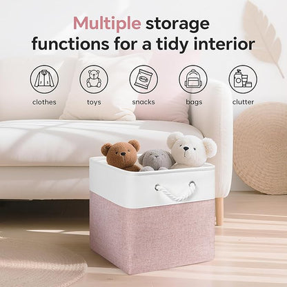 13x13 Inch Cube Storage Bins with Reinforced Bottom Cardboard, 6 Pack Large Collapsible Fabric Storage Cubes with Handles for Shelf, Closet, Toy, Laundry Organization (White&Pink)