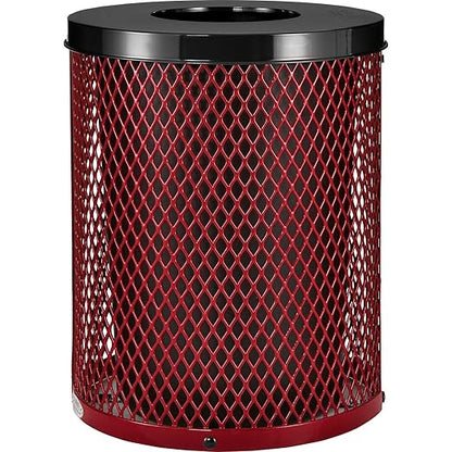 Global Industrial Outdoor Diamond Steel Trash Can with Flat Lid and Plastic Liner, 36 Gallon Capacity, Red, Thermoplastic Coating, 23-1/2" Diameter, 30" H
