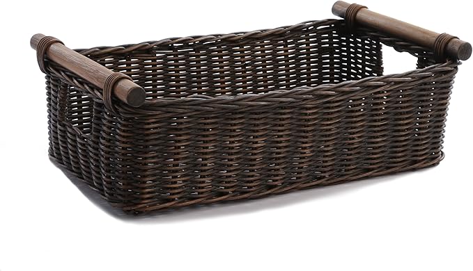 The Basket Lady Low Pole Handle Wicker Storage Basket, Medium, 17 in L x 10.5 in W x 5.5 in H, Antique Walnut Brown
