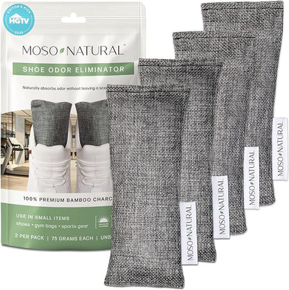 Moso Natural Shoe Deodorizer Inserts, Charcoal Odor Absorber for Shoes, Gym Bag & Boot Deodorizer, Long-Lasting Shoe Odor Elimination, Unscented Air Purifying Bags (Two Per Pack. 4 Total)
