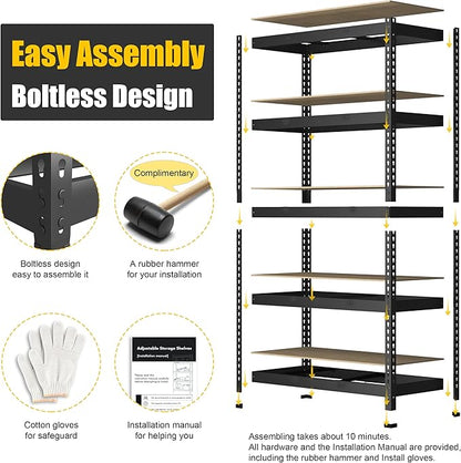 PrimeZone 48" x 24" x 72" Heavy Duty 5 Tier Adjustable Garage Storage Shelving, Metal Utility Rack Shelf Unit for Warehouse Pantry Closet Kitchen, Black, 6 Pack