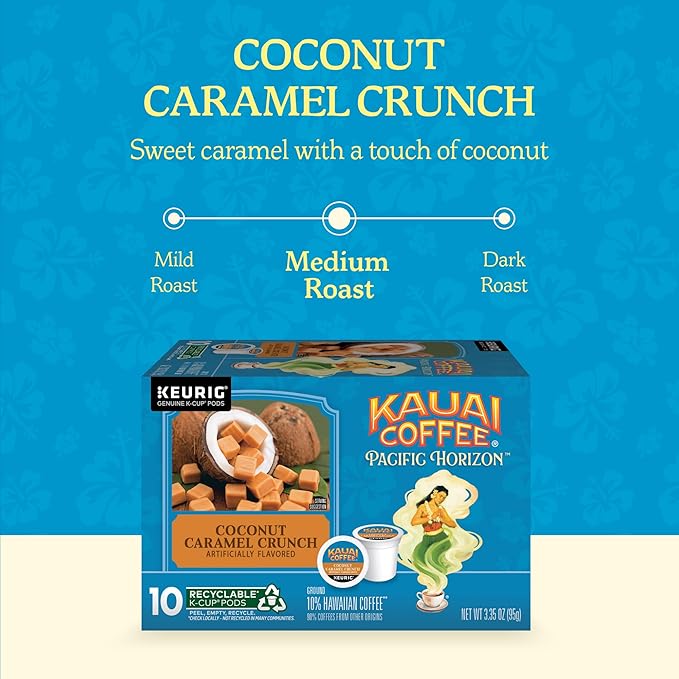 Kauai Coffee Coconut Caramel Crunch Flavor - Compatible with K-Cup Brewers, 10 CT (Pack of 6)