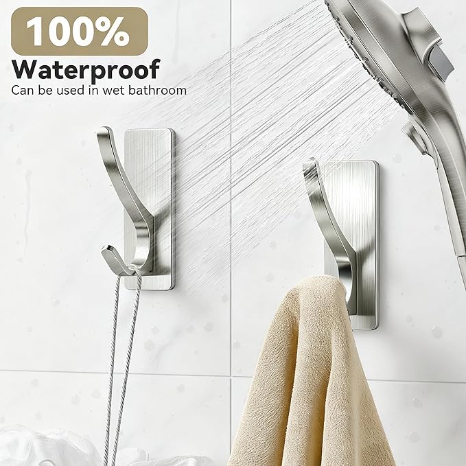 Self Adhesive Coat Hooks for Hanging: Heavy Duty Stainless Wall Hook for Towel, Backpack, Hat, Sturdy Metal Hanger for Bathroom, Bedroom, Door, Brushed Nickel, 6-Pack