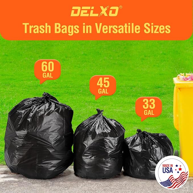 Delxo 40-45 Gallon Black Trash Bags, 125 Count – Heavy Duty Contractor Garbage Bags, Thick, Durable & Puncture-Resistant Plastic – Made in USA for Kitchen, Yard & Commercial Use