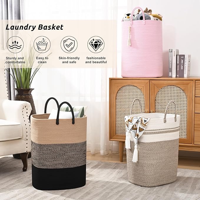 Woven Laundry Basket for Clothes, 80 L Large Rectangle Laundry Hampers with Beads Tassel, Nursery Storage Basket for Toys, Tall Dirty Clothes Hamper for Bedroom Aesthetic, Laundry Room Organization