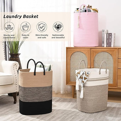 Woven Laundry Basket for Clothes, 65L Large Rectangle Laundry Hampers with Beads Tassel, Nursery Storage Basket for Toys, Tall Dirty Clothes Hamper for Bedroom Aesthetic, Laundry Room Organization