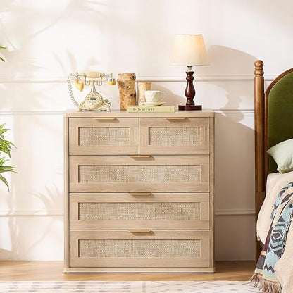 LEYAOYAO Rattan Dresser for Bedroom, 33.5" Tall Chest of Drawers, Modern 5 Drawers Boho Dressers with Storage, Light Oak Dresser Wooden Closet Organizer for Living Room, Hallway, Natural Wood