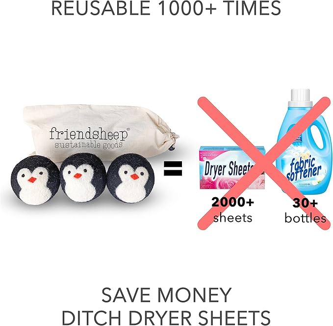 Friendsheep Wool Dryer Balls, Organic Reusable Fabric Softener Alternative for Laundry, Handmade, Fair Trade, Hypoallergenic, Eco-Friendly, Plastic-Free (3 Pack XL – Penguin)