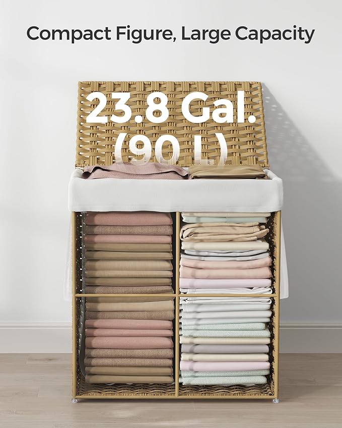 SONGMICS Laundry Hamper with Lid, 23.8 Gallon (90 L) Synthetic Rattan Clothes Laundry Basket with Lid and Handles, Foldable, Removable Liner, Goose Yellow ULCB51NL