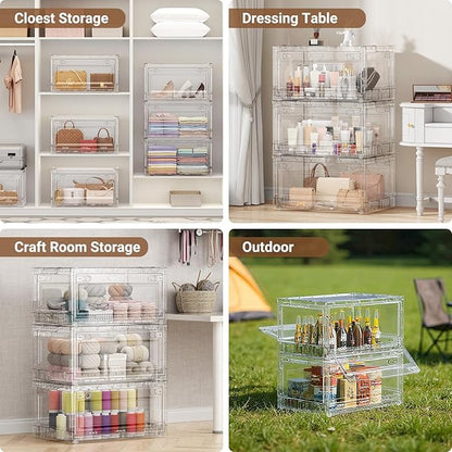BROVIEW Clear Stackable Storage Drawers, Open Front Large Plastic Storage Bins with Lids, Foldable Closet Organizers and Storage for Wardrobe Cabinets, Pantry, Makeup,1 Pack