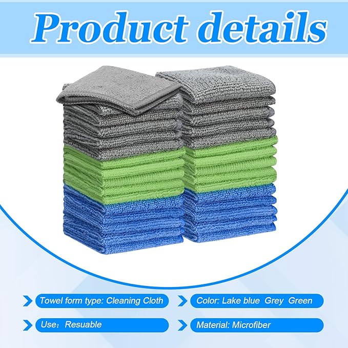 Tanlade Microfiber Cleaning Cloth 6"x6" Cleaning Rags Reasonable Kitchen Towels Microfiber Towels Cars Wash Dry Erase Cloth(Gray/Green/Blue,30 Pcs)