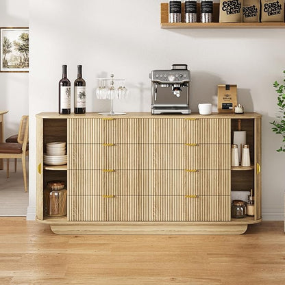 63" Tambour Dresser for Bedroom with 8 Drawers, Modern Chest of Drawers with Sliding Doors & 4 Shelves, Fluted Dresser Storage Organizer for Bedroom, Closet, Living Room(Natural)