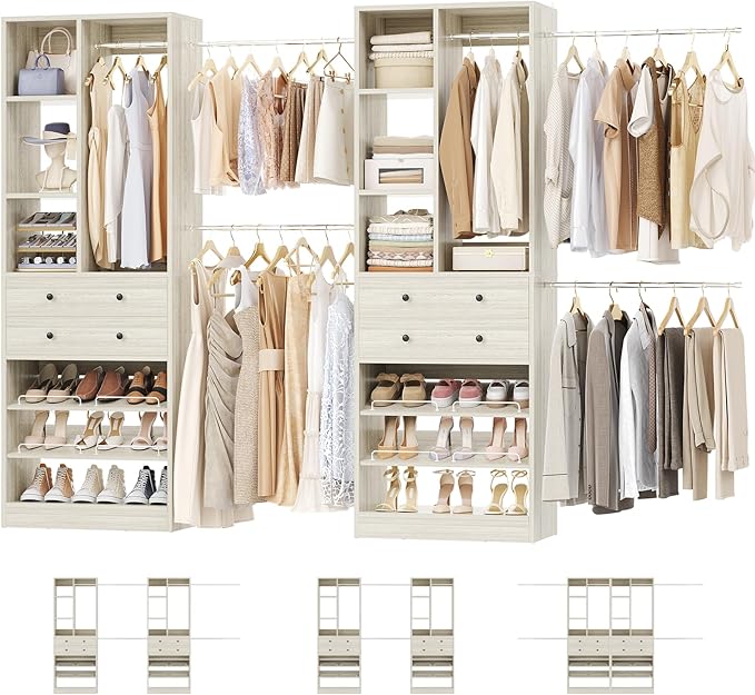 Closet System, Up to 134"/11.2 FT Closet Organizer with 4 Wooden Drawers and Shelves, Walk-in Closet System with 6 Hanging Rods, Built-in Closet Can Fit 96"/8FT, 120"/10FT, Greige Oak