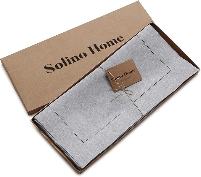 Solino Home Linen Soft Grey Table Runner 36 Inches - Classic Hemstitch, 100% Pure Linen Coffee Table Runner 14 x 36 Inch Ideal for Dresser Tables - Winter, Christmas, New Year