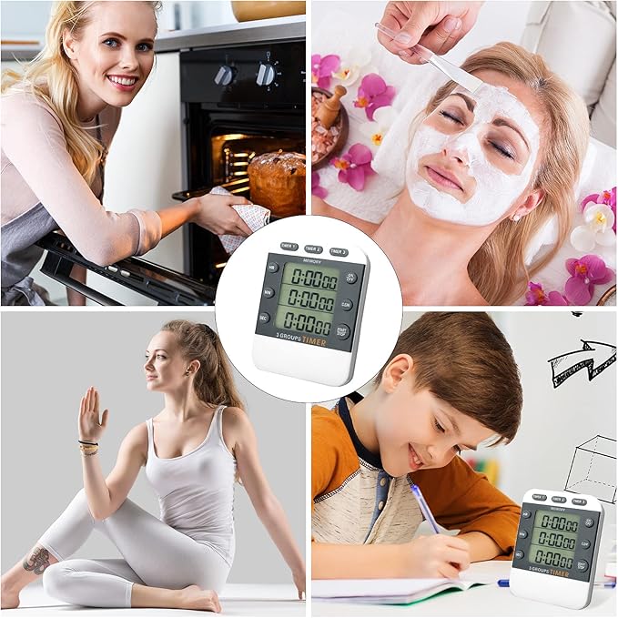 Photect 2-Piece Digital Dual Kitchen Timer, 3 Channels, Count UP/Down, Cooking Timer with Magnetic Back, Loud Alarm, Large Display, Countdown Hour Meter for Cooking, Classroom, Kids, Teacher, Study