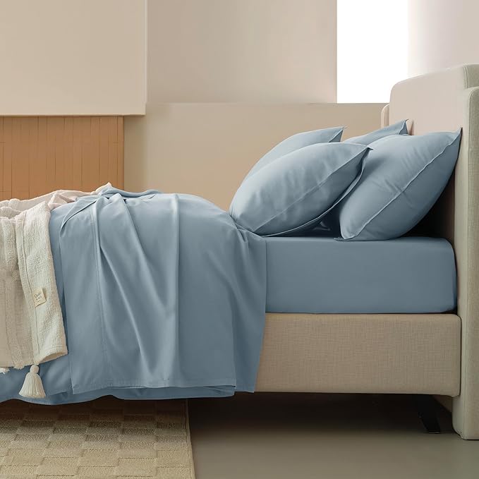 Double Stitch Cotton Tencel Duvet Cover - Queen Size Comforter Cover, Luxury & Soft Eucalyptus Lyocell Bedding Set for Hot Sleepers, Cooling & Breathable, Button Closure, Sterling Blue, 90"x90"