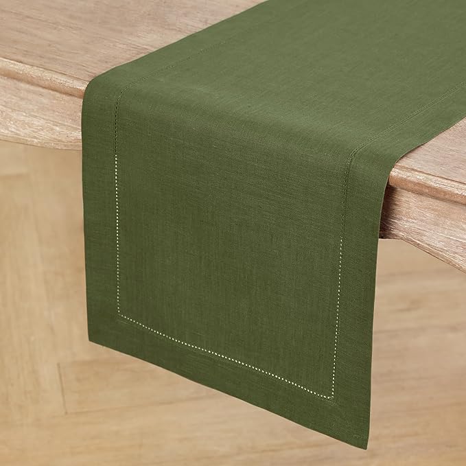 Solino Home Linen Olive Table Runner 144 Inches Long - 100% Pure Linen Extra Long Table Runner 14 x 144 Inch for Christmas, New Year - Classic Hemstitch