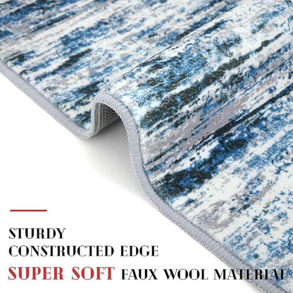 Modern Abstract Bedroom Runner Rug 2x7, Grey Blue White Washable Kitchen Runner, Non-Slip Soft Thin Faux Wool Mat for Entryway, Hallway, Laundry Room, Indoor Home Decor