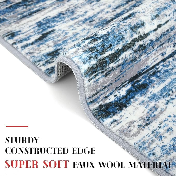 Modern Abstract Runner Rug 2x10, Grey Blue White Washable Long Kitchen Runner Non-Slip Soft Hallway Rug Runner Thin Print Faux Wool Carpet for Entryway Bedroom Laundry Room Indoor Home Decor