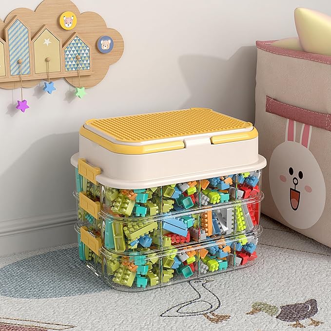 Toy Storage Organizer Box with Handle, Stackable Building Block Toy Box with Building Plate Lid & Removable Sorting Trays, Cubby Bins and Containers 3 Layer (Lemon)